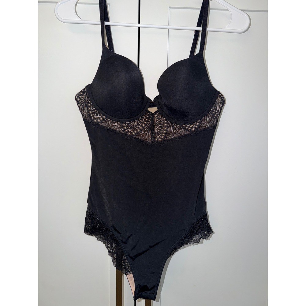 Black Lace Underwire Bodysuit with Molded Cups and Adjustable Straps